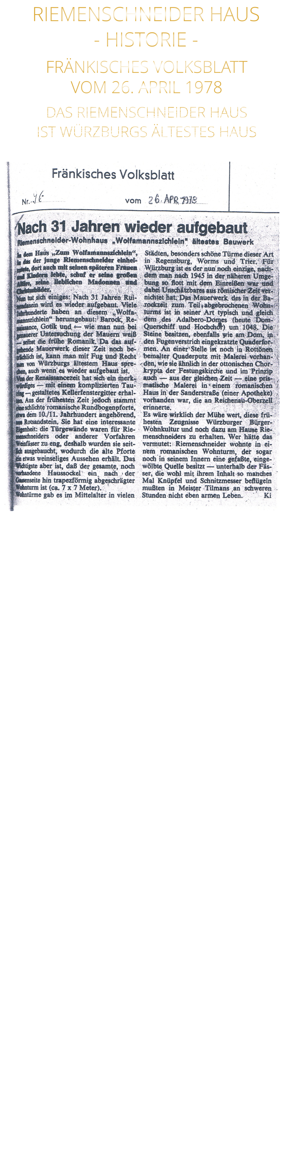 FRÄNKISCHES VOLKSBLATT VOM 26. APRIL 1978 DAS RIEMENSCHNEIDER HAUS IST WÜRZBURGS ÄLTESTES HAUS           RIEMENSCHNEIDER HAUS - HISTORIE -