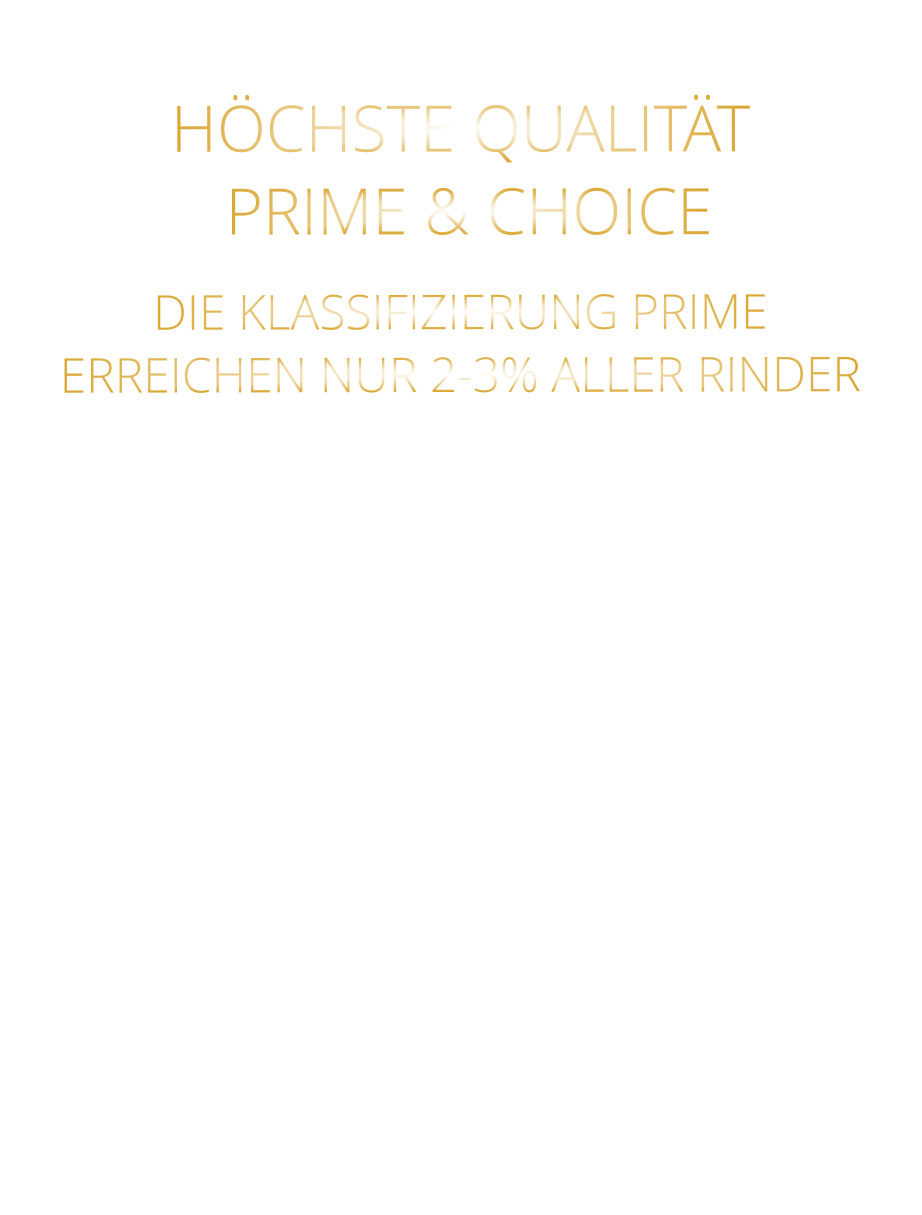 DIE KLASSIFIZIERUNG PRIME ERREICHEN NUR 2-3% ALLER RINDER   DIE STEAKS ZEICHNEN SICH DURCH EINE HOHE MARMORIERUNG AUS, WAS SIE BESONDERS ZART, SAFTIG UND GESCHMACKSINTENSIV MACHT.   DIE RINDER WERDEN ARTGERECHT  AUF RIESIGEN WEIDEN GEHALTEN UND FREI VON HORMONEN UND MEDIKAMENTEN AUFGEZOGEN HÖCHSTE QUALITÄT  PRIME & CHOICE
