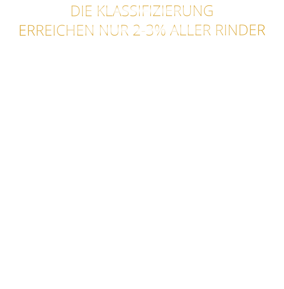 DIE KLASSIFIZIERUNG ERREICHEN NUR 2-3% ALLER RINDER   DIE STEAKS ZEICHNEN SICH DURCH EINE HOHE MARMORIERUNG AUS, WAS SIE BESONDERS ZART, SAFTIG UND GESCHMACKSINTENSIV MACHT.   DIE RINDER WERDEN ARTGERECHT AUF RIESIGEN WEIDEN GEHALTEN UND FREI VON HORMONEN UND MEDIKAMENTEN AUFGEZOGEN
